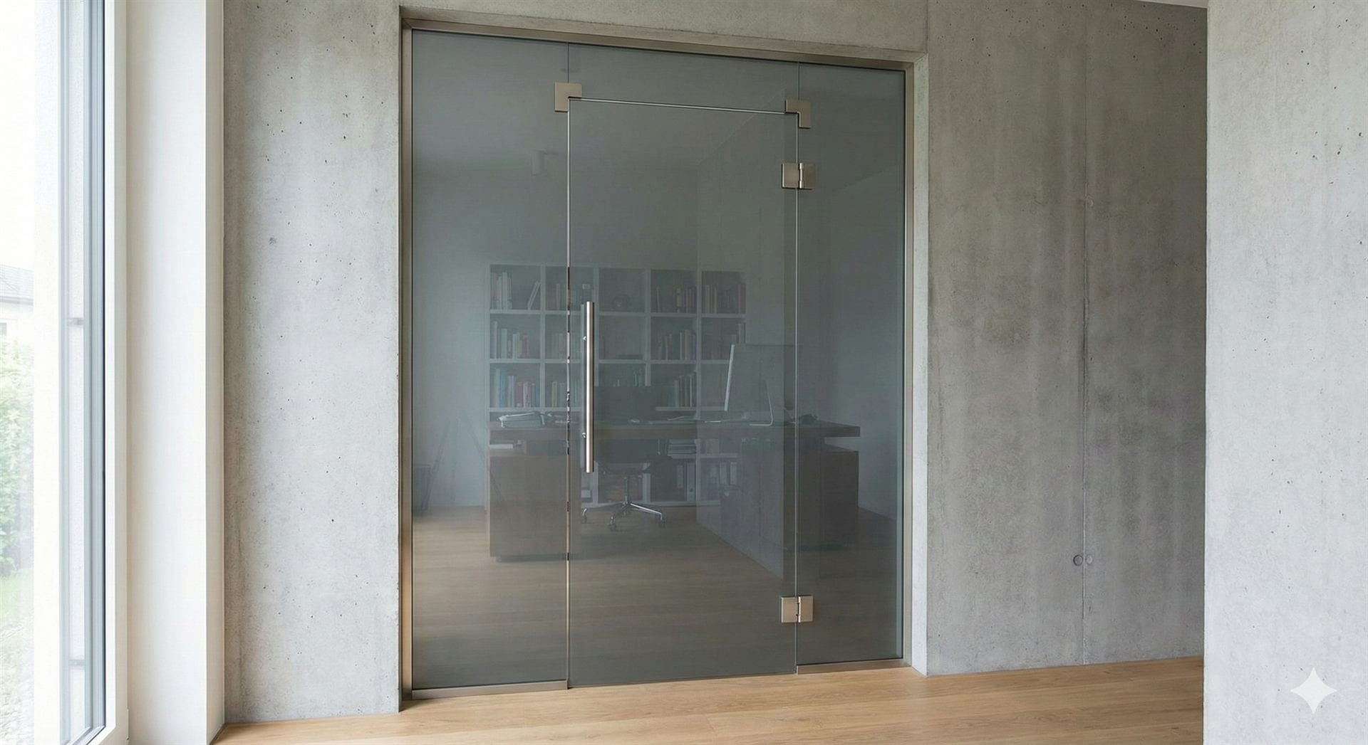 Acid-etched frameless glass office partition with frosted privacy texture — custom architectural glass design by Built By Glass GTA design studio