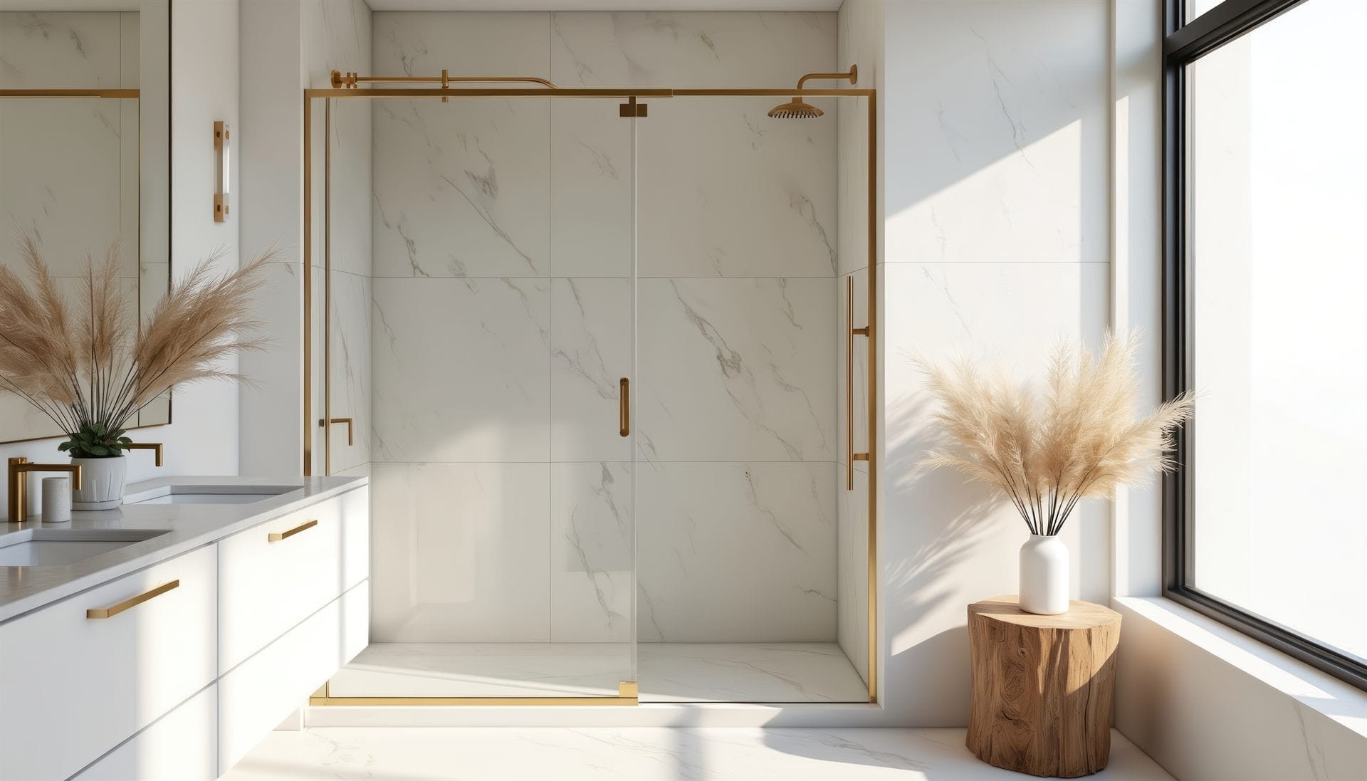Frameless glass shower with champagne bronze hardware and Calacatta marble walls — Built By Glass, GTA