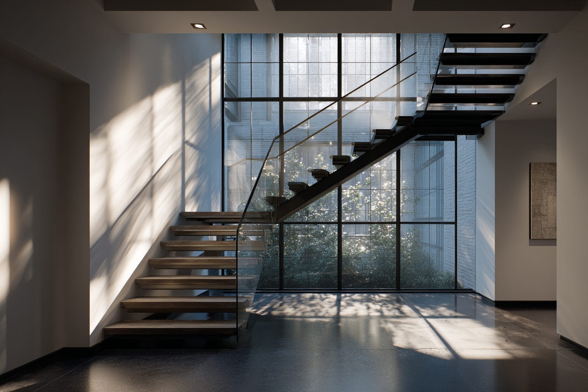 Frameless glass railing in modern Toronto staircase — custom glass installation by Built By Glass GTA
