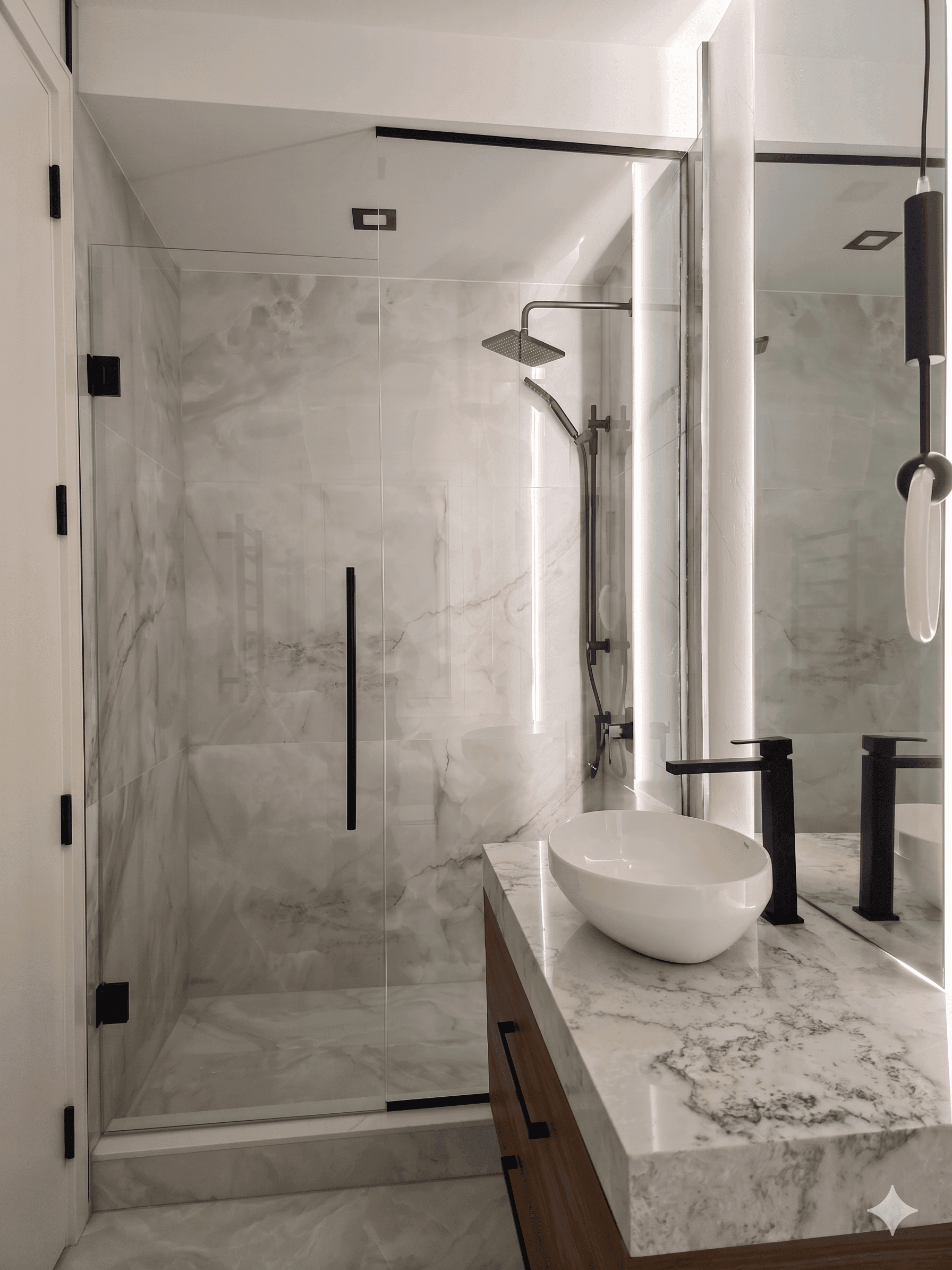 Floor-to-ceiling frameless glass shower enclosure — 12mm steam-ready walk-in installation by Built By Glass, GTA